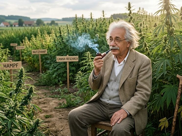 Albert Einstein im Hanffeld (K.I. generiertes Bild)